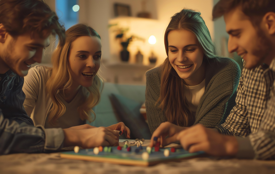 Quatre amis réunis autour d’un jeu dans un salon